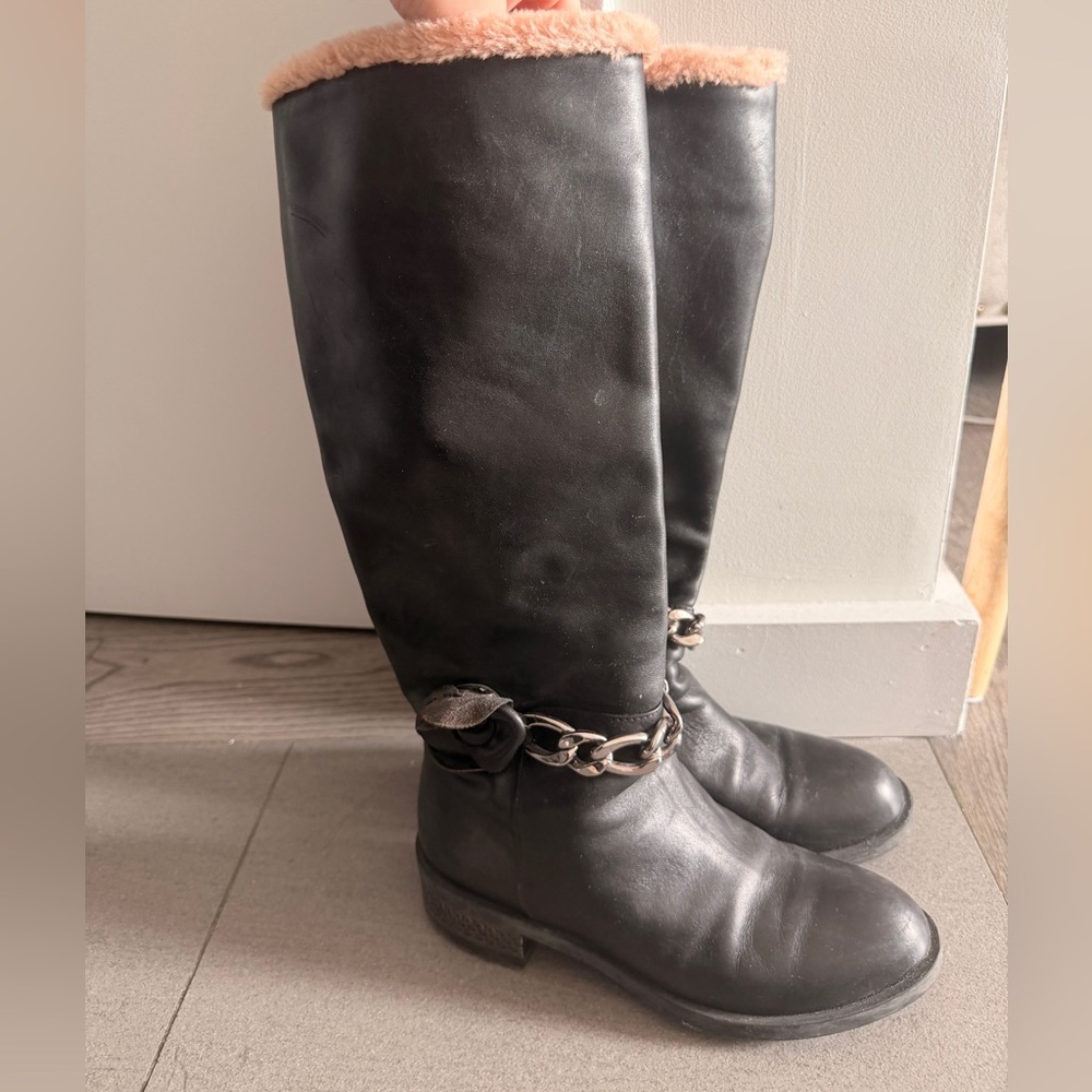 Marino Fabian made in italy black leather knee high boots pink fur trim - Picture 2 of 9